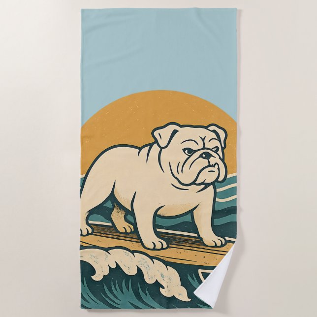 Retro Surfer Dog Blue Coastal Surfing Bulldog Art Beach Towel (Front)