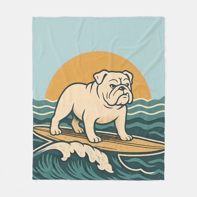 Retro Surfer Dog Blue Coastal Surfing Bulldog Art Fleece Blanket (Front)
