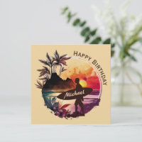 Retro Surfer Sunset Beach Birthday Card