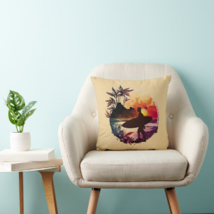 Retro Surfer Sunset Beach Cushion