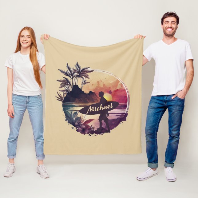 Retro Surfer Sunset Beach Fleece Blanket (In Situ)