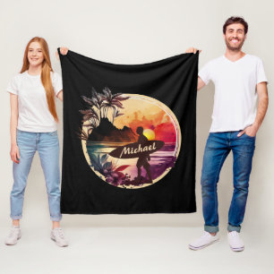 Retro Surfer Sunset Beach Fleece Blanket