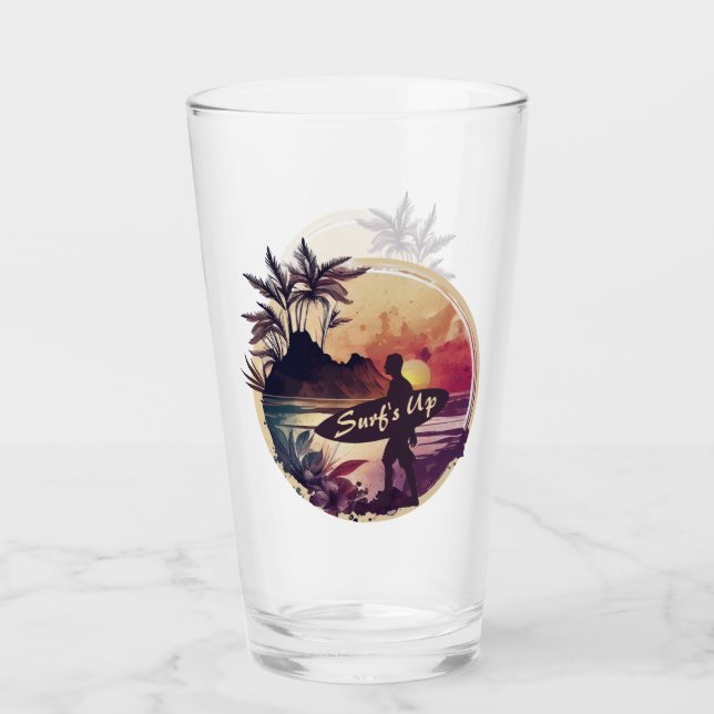 Retro Surfer Sunset Beach Glass (Front)