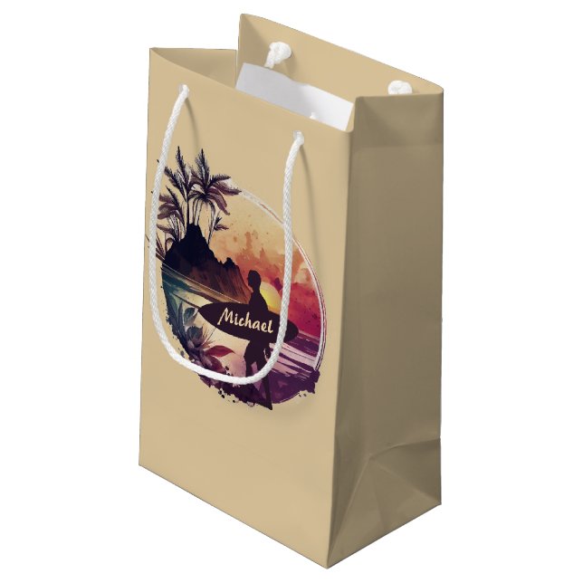 Retro Surfer Sunset Beach Small Gift Bag (Back Angled)