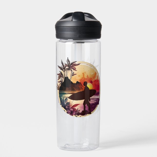 Retro Surfer Sunset Beach Water Bottle (Front)