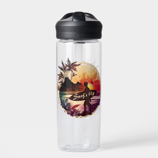 Retro Surfer Sunset Beach Water Bottle (Front)