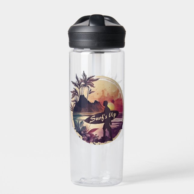 Retro Surfer Sunset Beach Water Bottle (Front)