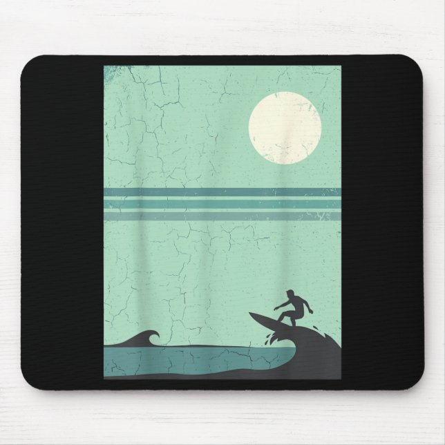 Retro Surfer Wave Moon Surfing Lover Beach Ocean Mouse Pad (Front)