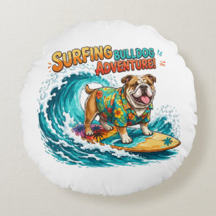Retro Surfing Bulldog Adventure - Vintage Beach Round Cushion
