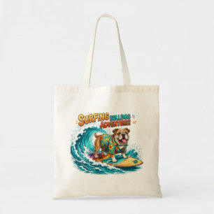 Retro Surfing Bulldog Adventure - Vintage Beach Tote Bag