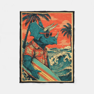 Retro Surfing Dinosaur Hawaii Summer Triceratops S Fleece Blanket