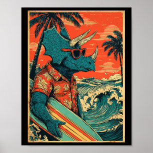 Retro Surfing Dinosaur Hawaii Summer Triceratops S Poster