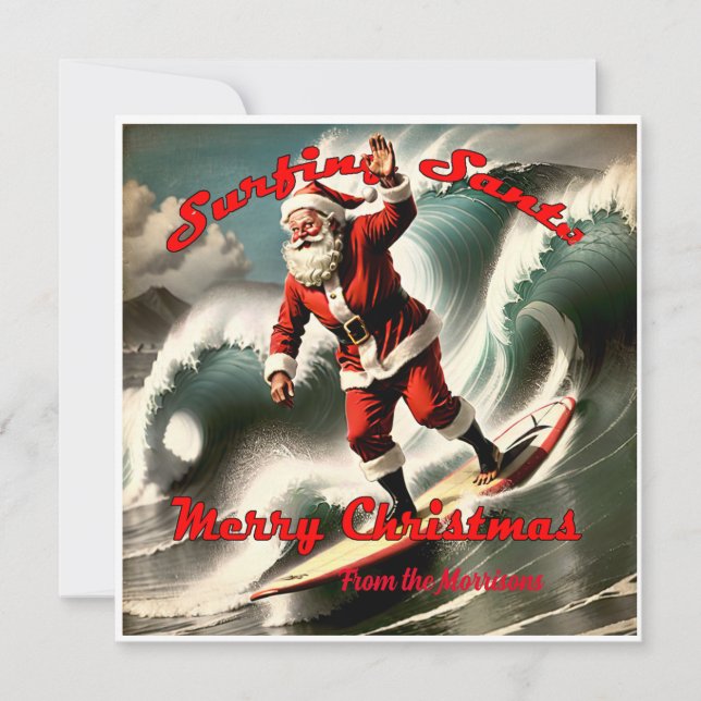 Retro Surfing Santa on a Vintage Style Christmas Card (Front)