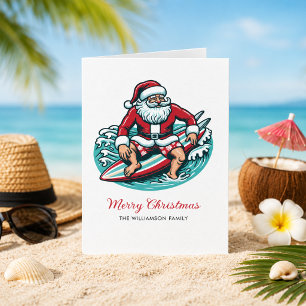 Retro Surfing Santa Tropical Vibes Holiday Card