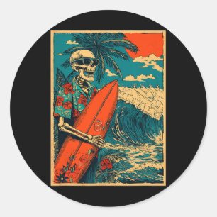 Retro Surfing Skeleton Surfer Hawaiian Beach Surf Classic Round Sticker