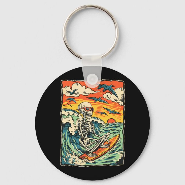 Retro Surfing Skeleton Surfer Riding Wave Gothic Key Ring (Front)