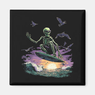 Retro Surfing Skeleton Surfer Riding Wave Sunset Magnet