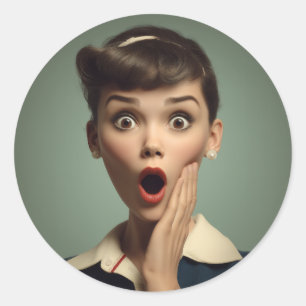 Retro Surprise Woman Portrait Classic Round Sticker