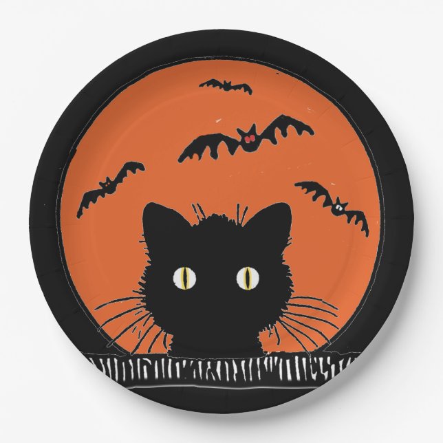 Retro Surprised Black Cat Halloween 9"Paper Plate (Front)