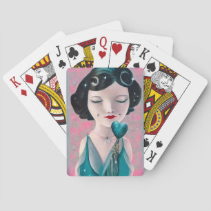 Retro Surreal Art Deco Teal Heart Lady Playing Cards