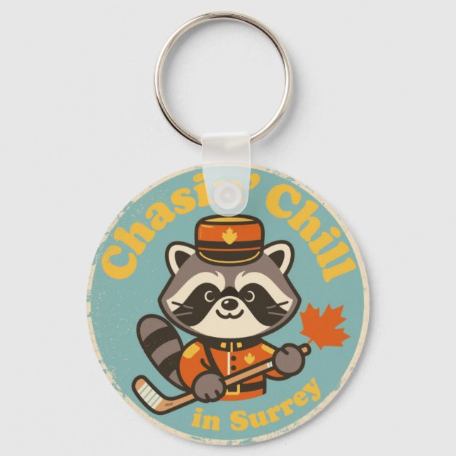 Retro Surrey BC Racoon and Hockey Stick Key Ring (Front)