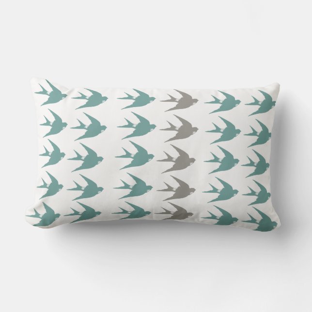 Retro Swallow Bird Pattern in Blue, Grey & White Lumbar Cushion (Front)