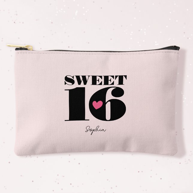 Retro Sweet 16 Birthday Personalised Name Pink Accessory Pouch (Creator Uploaded)