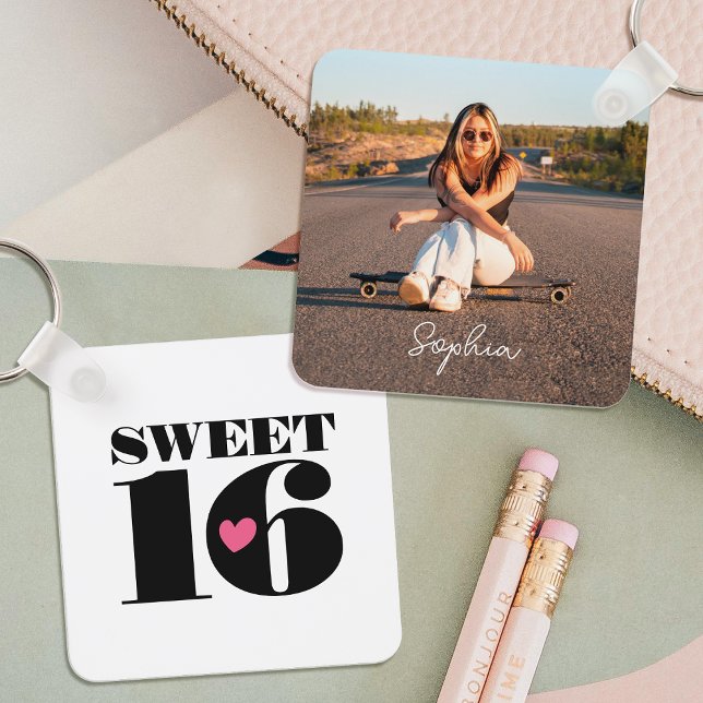 Retro Sweet 16 Birthday Teen Name Photo White Key Ring (Creator Uploaded)