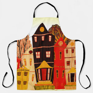 Retro Sweet Home Poster: Cartoon Houses Apron