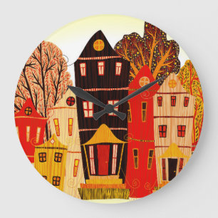 Retro Sweet Home Poster: Cartoon Houses Large Clock