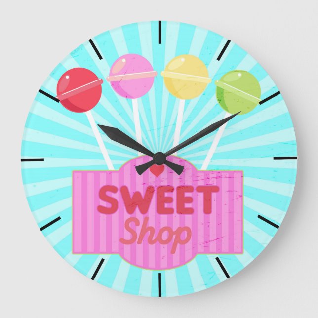 Retro Sweet Shop Pastel Coloured Candy Lollipops Large Clock (Front)