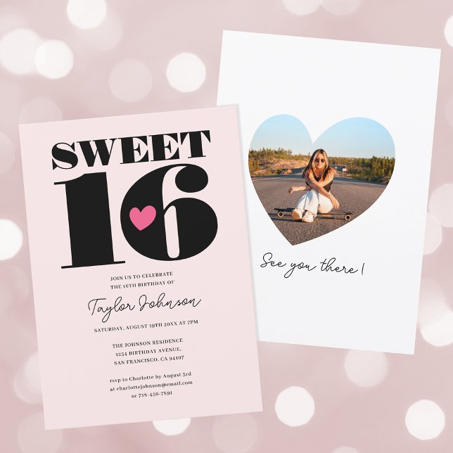 Retro Sweet Sixteen Birthday Party Photo Pink Invitation (Creator Uploaded)