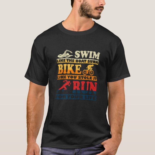 Retro Swim Bike Run Triathlon Athletic Sport Men W T-Shirt (Front)