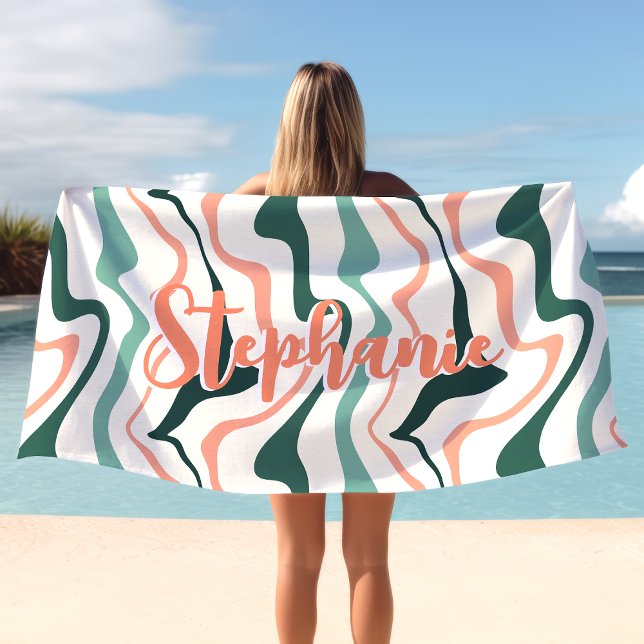 Retro Swirl Abstract Wave Peach Mint Custom Name Beach Towel (Creator Uploaded)