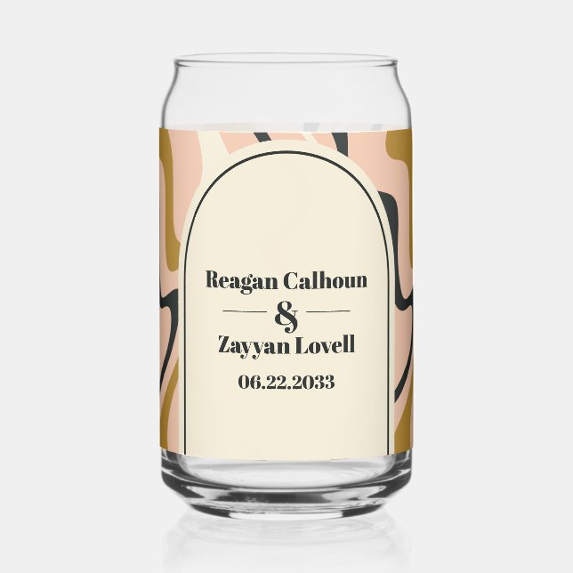 Retro Swirl Arch Pink Black Gold Wedding Can Glass (Front)
