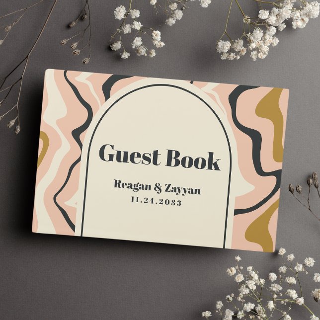 Retro Swirl Arch Pink Black Gold Wedding Guest Book (Creator Uploaded)