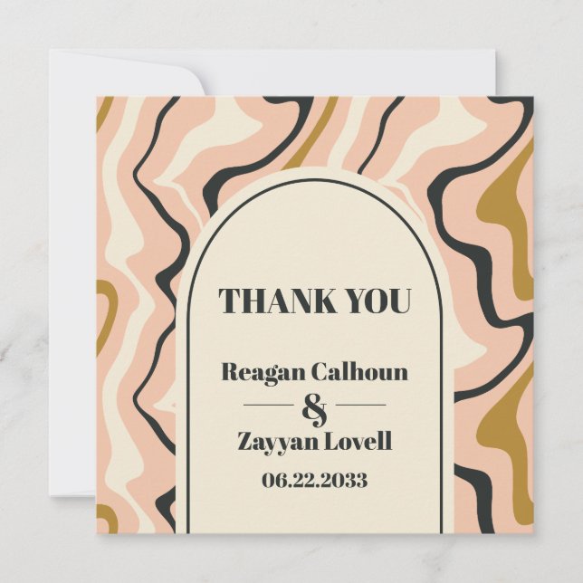 Retro Swirl Arch Pink Black Gold Wedding Thank You Card (Front)