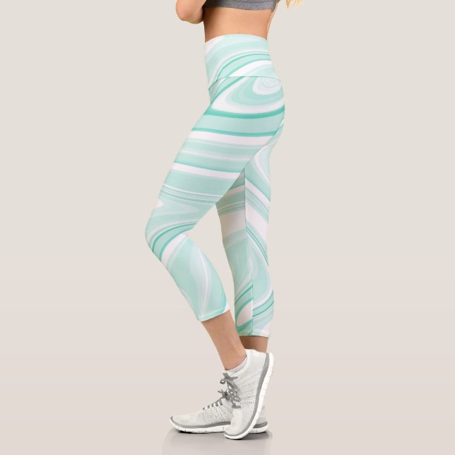 Retro Swirl Liquid Aqua Green Painting Aesthetic Capri Leggings (Left)