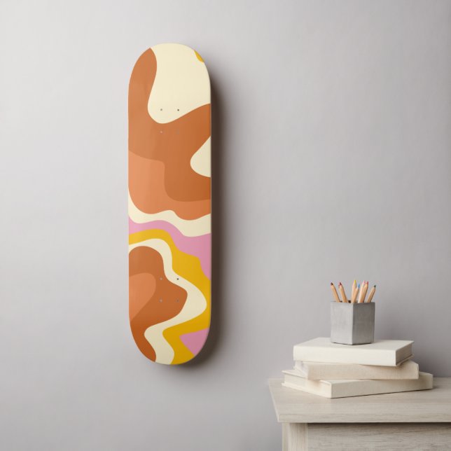 Retro Swirls Geometric Boho 70s Peach & Brown  Skateboard (Wall Art)