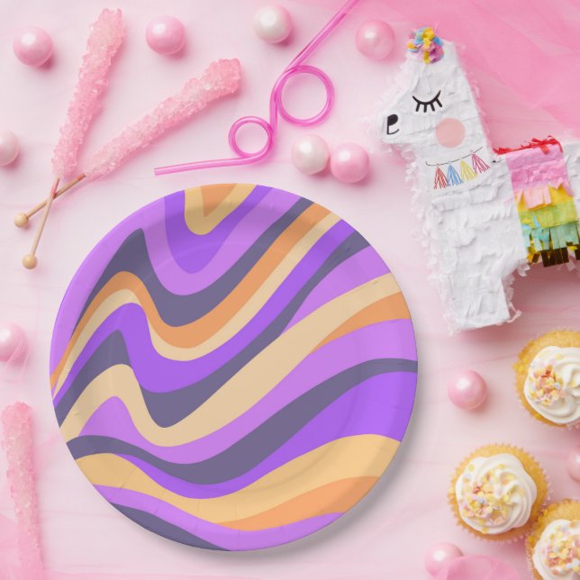 Retro swirls - purple & orange  paper plate (Party)