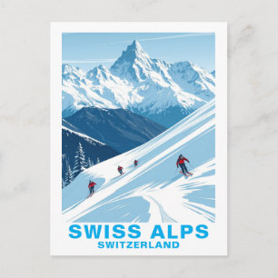 Retro Swiss Alps Skiing, Switzerland Travel Postcard