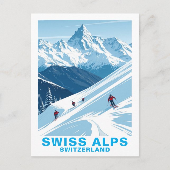 Retro Swiss Alps Skiing, Switzerland Travel Postcard (Front)