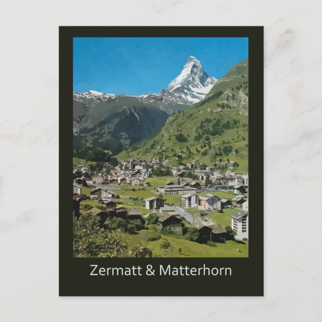 Retro Swiss travel Zermatt and Mount Matterhorn Postcard (Front)