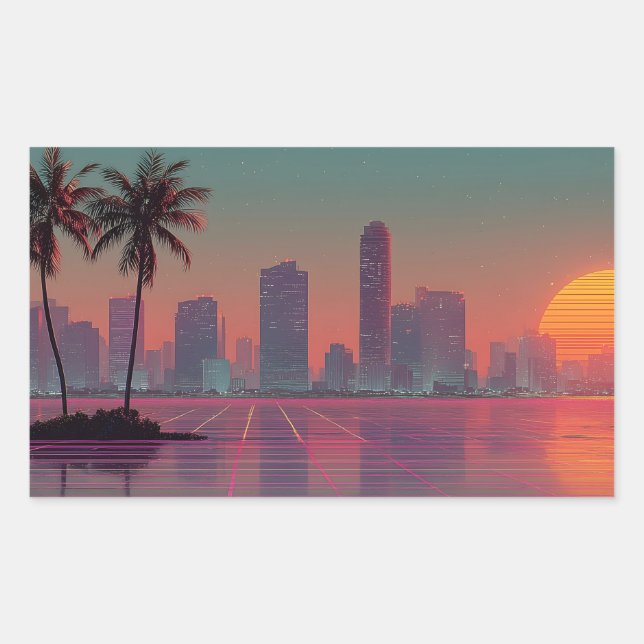 Retro Synthwave Cityscape Sunset Rectangular Sticker (Front)