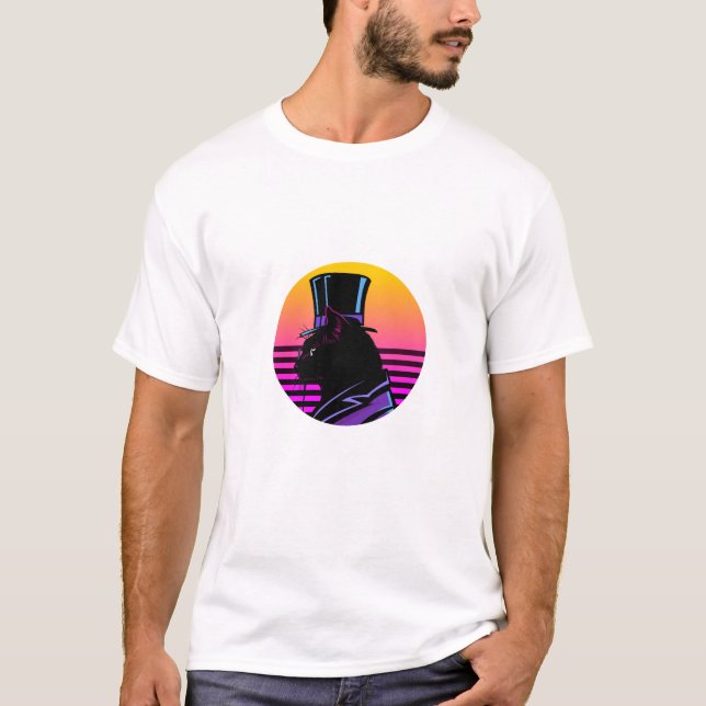 Retro Synthwave Gentleman Cat in Top Hat - Neon Su (Front)