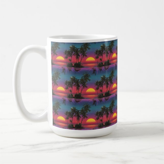 Retro Synthwave Palm Tree Sunset Pattern Coffee Mug (Left)