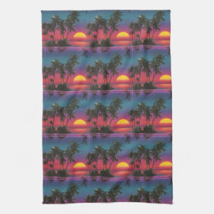 Retro Synthwave Palm Tree Sunset Pattern Tea Towel