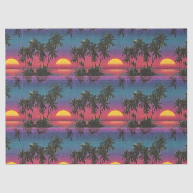 Retro Synthwave Palm Tree Sunset Pattern Tissue Paper (Front)