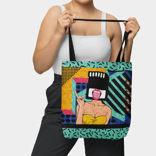 Retro Synthwave SD Card Head Pop Art Woman  Tote Bag