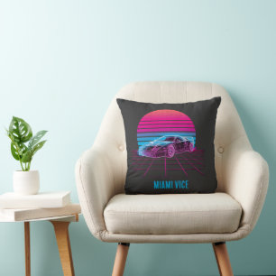 Retro Synthwave Sports Car 80s Neon Sunset Custom Cushion